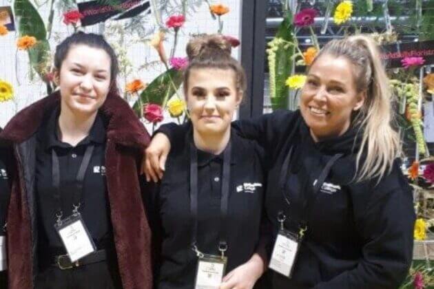 WorldSkills UK Ambassador and Media Make-up Tutor Karen Connole with some students at an event.