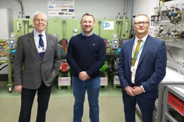 Jason Austin, CEO of RNN Group, John Savage director of National Fluid Power Centre and Bassetlaw MP Brendan Clarke-Smith meeting at the National Fluid Power Centre to discuss development of businesses in Worksop and Bassetlaw