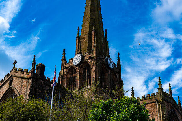 Rotherham Minster with a blue sky in the background