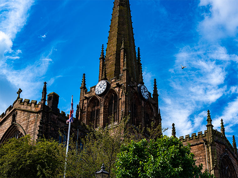 Rotherham Minster with a blue sky in the background