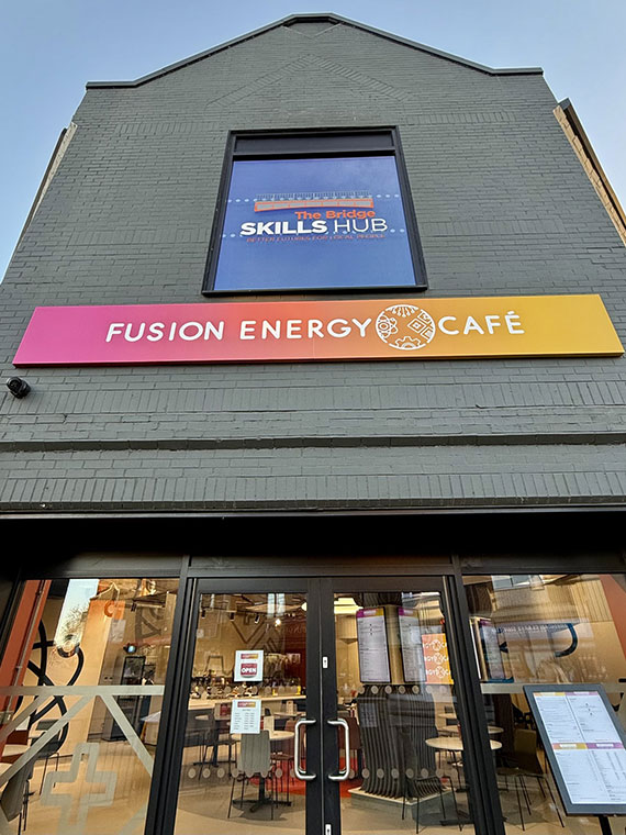 Looking up at The Bridge Skills Hub and Fusion Energy Cafe building