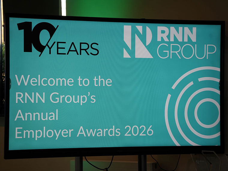 A TV screen welcoming people into the RNN Group's Employer Awards 2026