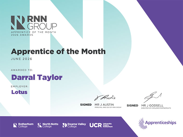 Apprentice of the Month Certificate for June - Darral Taylor