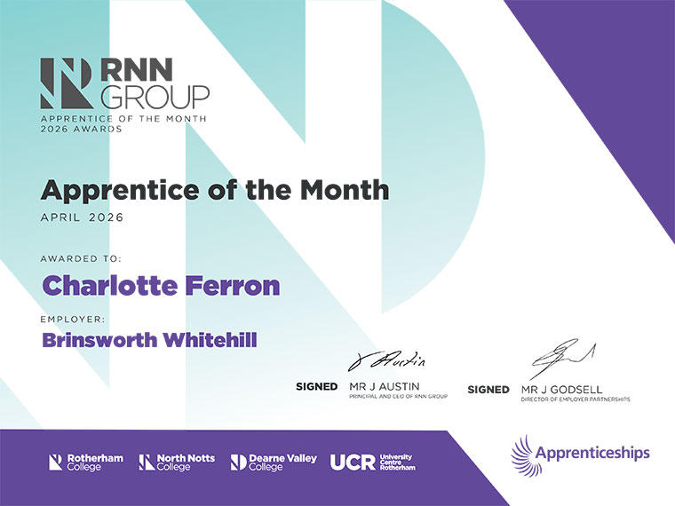 Apprentice of the Month Certificate for April - Charlotte Ferron