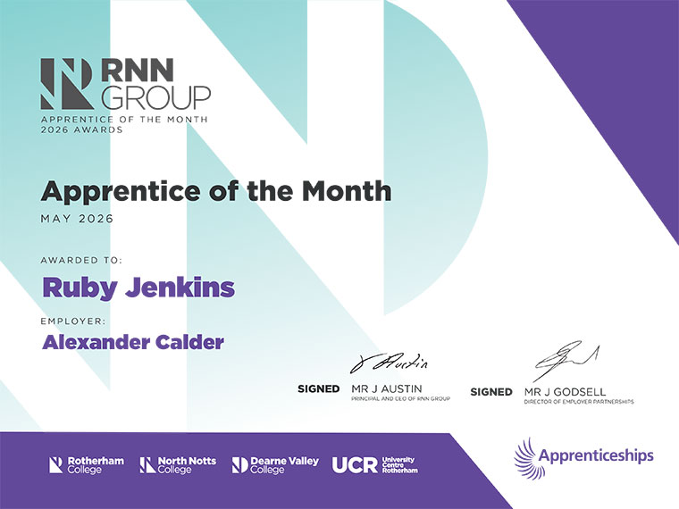 Apprentice of the Month Certificate for May - Ruby Jenkins