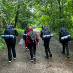 Five people wearing coats and holding backpacks, walking up a path with trees either side