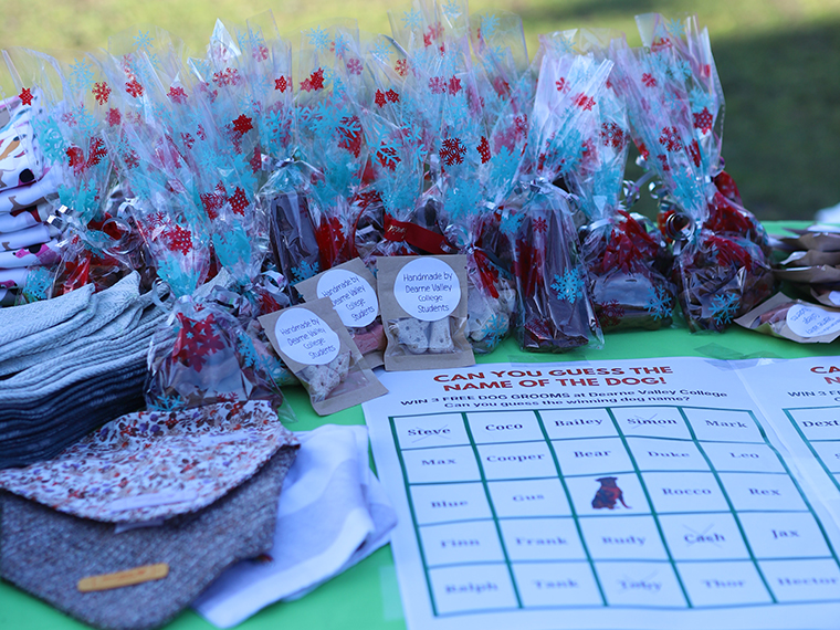 A close up of a guess the name game and items made to sell by College students